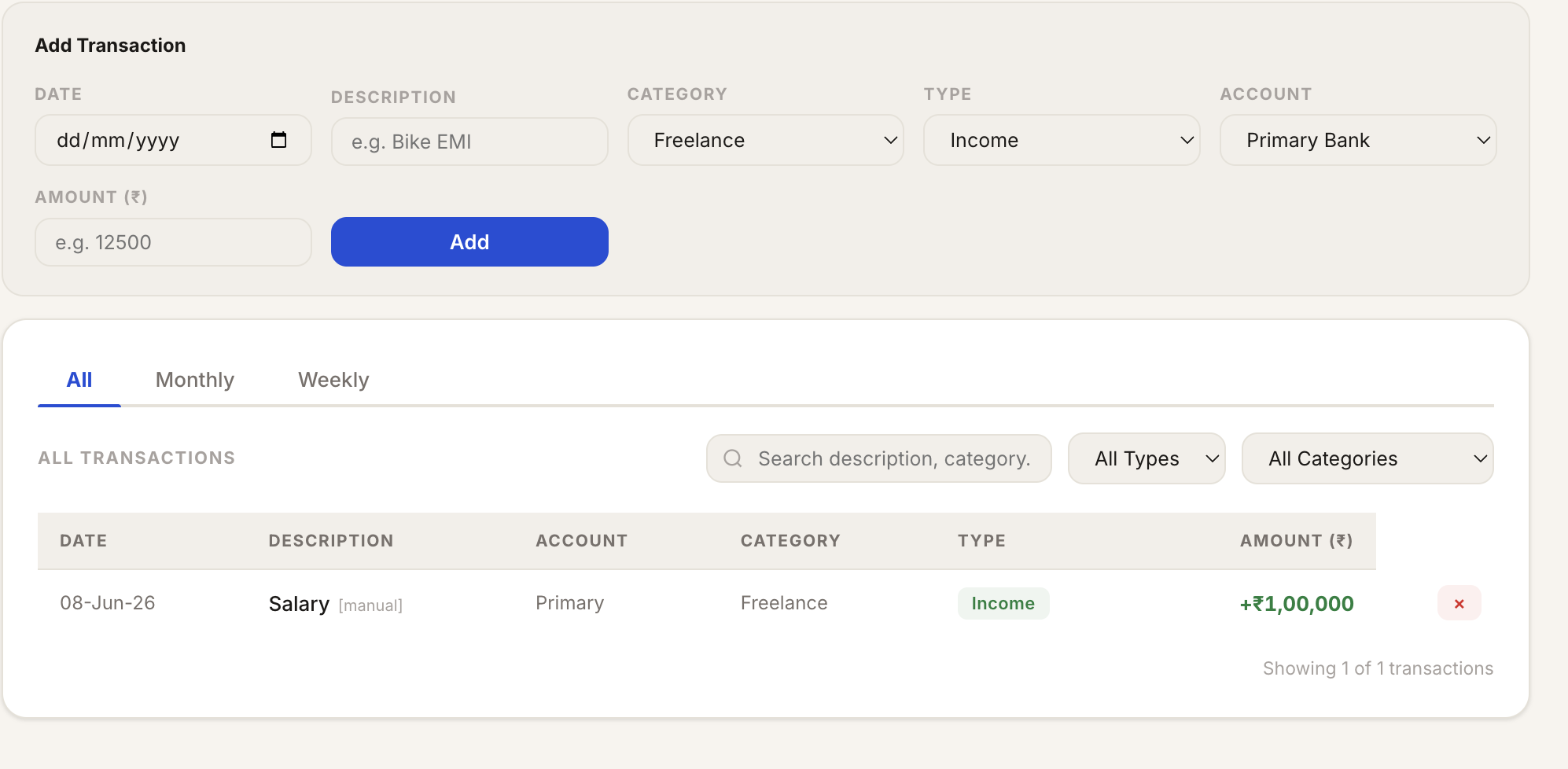 The Transactions tab: an Add Transaction form at the top with date, description, category, type, account and amount fields, and a filterable transaction list below.